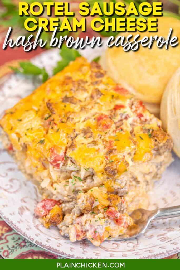 hash brown breakfast casserole with biscuits on a plate with text overlay