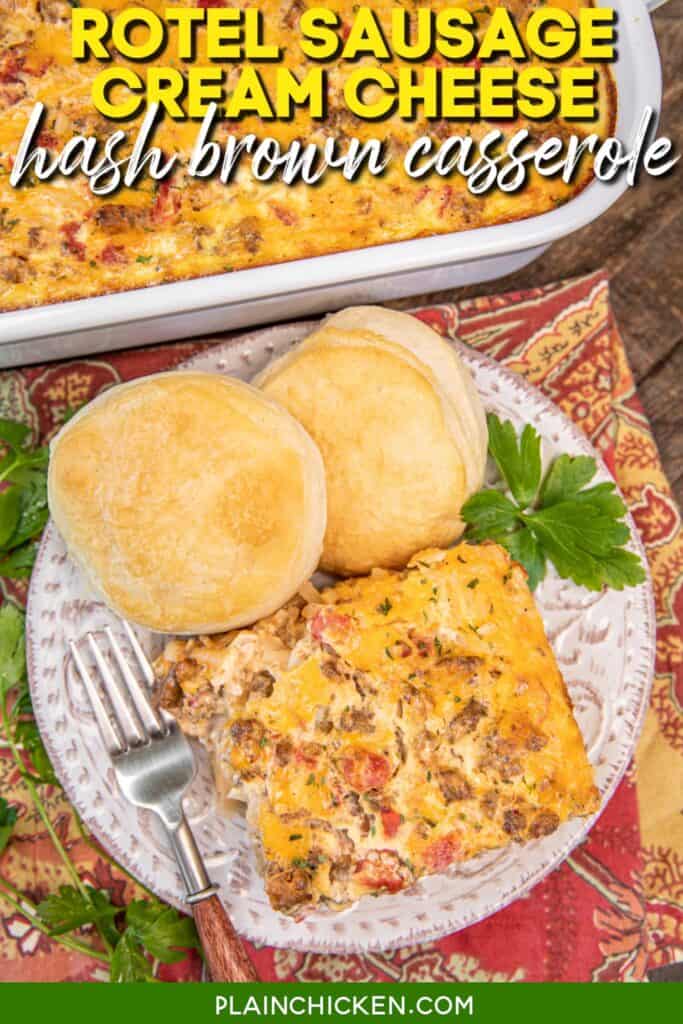 hash brown breakfast casserole with biscuits on a plate with text overlay