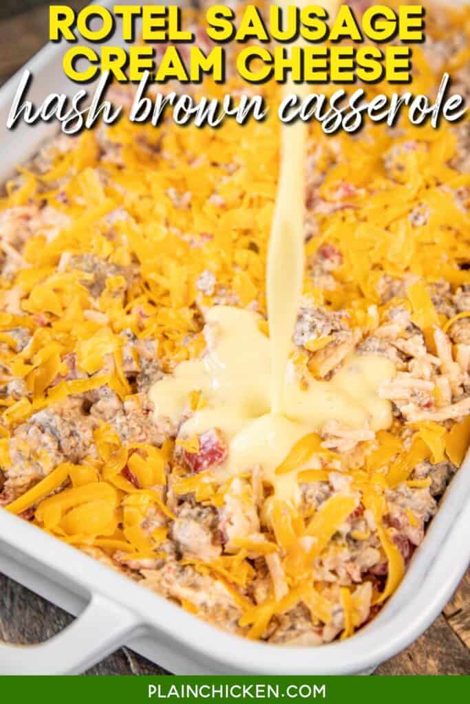 pouring egg mixture over sausage and cheese in baking dish