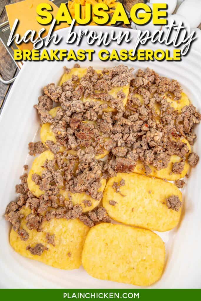 assembling breakfast casserole in baking dish with text overaly