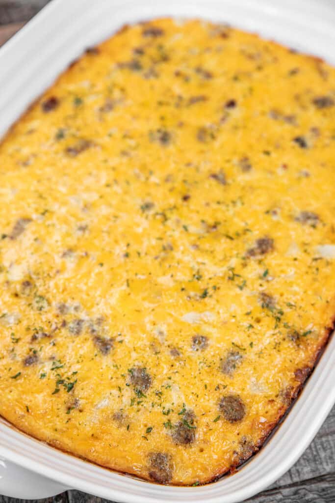 sausage hash brown casserole in a baking dish