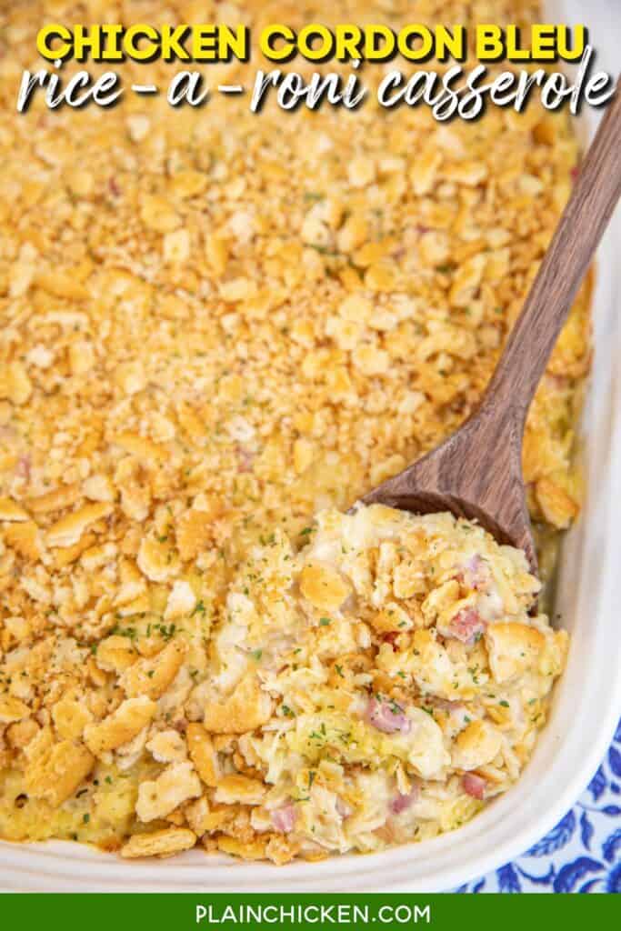 scooping chicken and ham rice casserole with text overlay