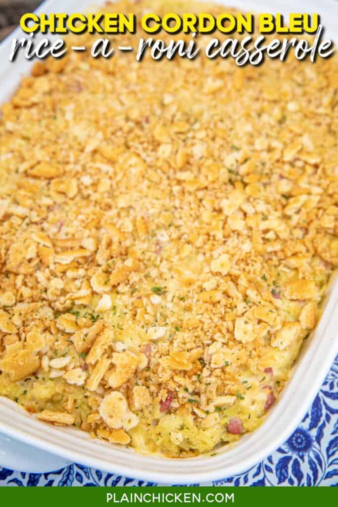 baking dish of chicken ham and rice casserole with text overlay