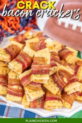 plate of bacon wrapped crackers with text overaly
