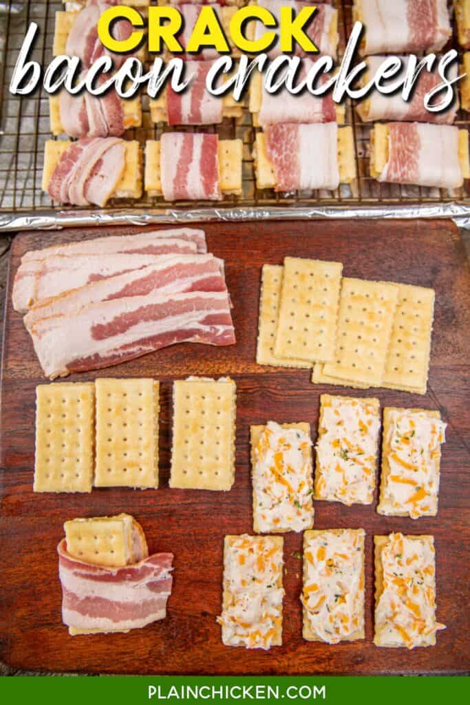 assembling bacon wrapped crackers with text overlay