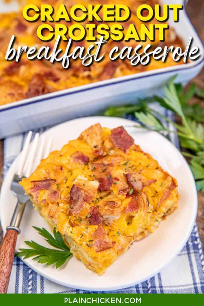 slice of bacon and cheese breakfast casserole with text overlay