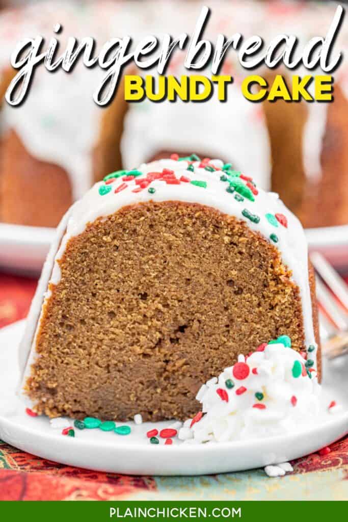 slice of gingerbread cake on a plate with text overlay