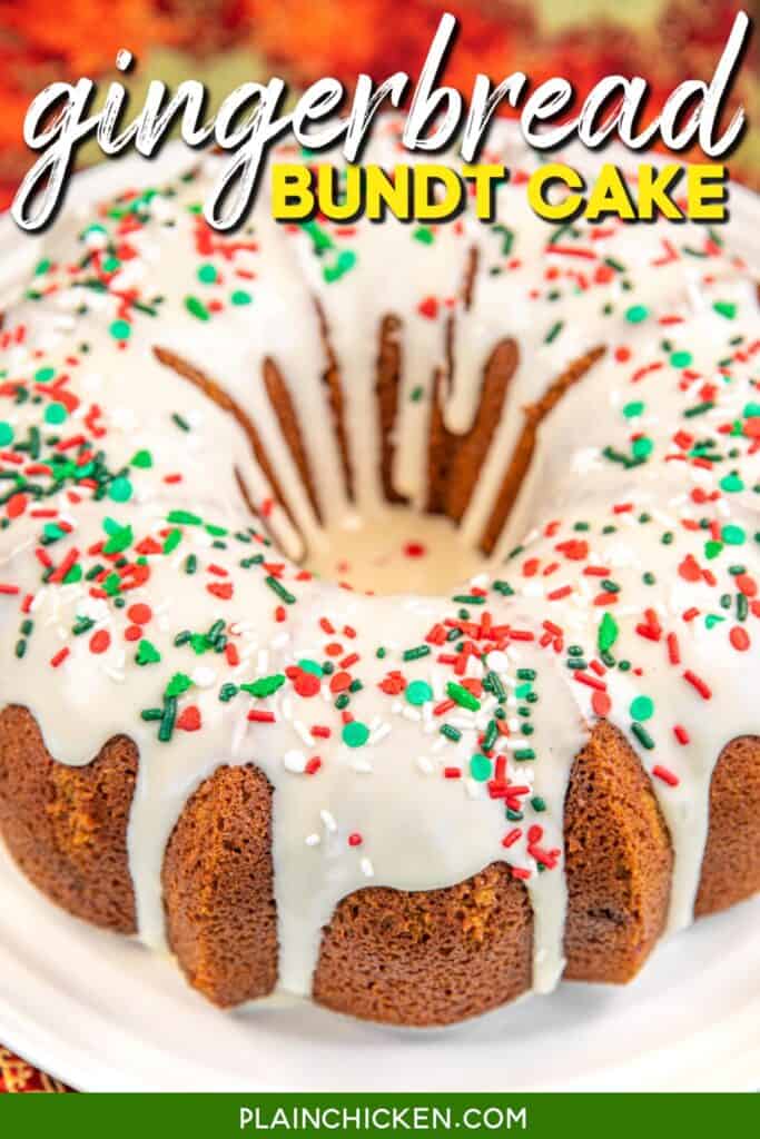 gingerbread bundt cake on a plate topped with vanilla icing with text overlay