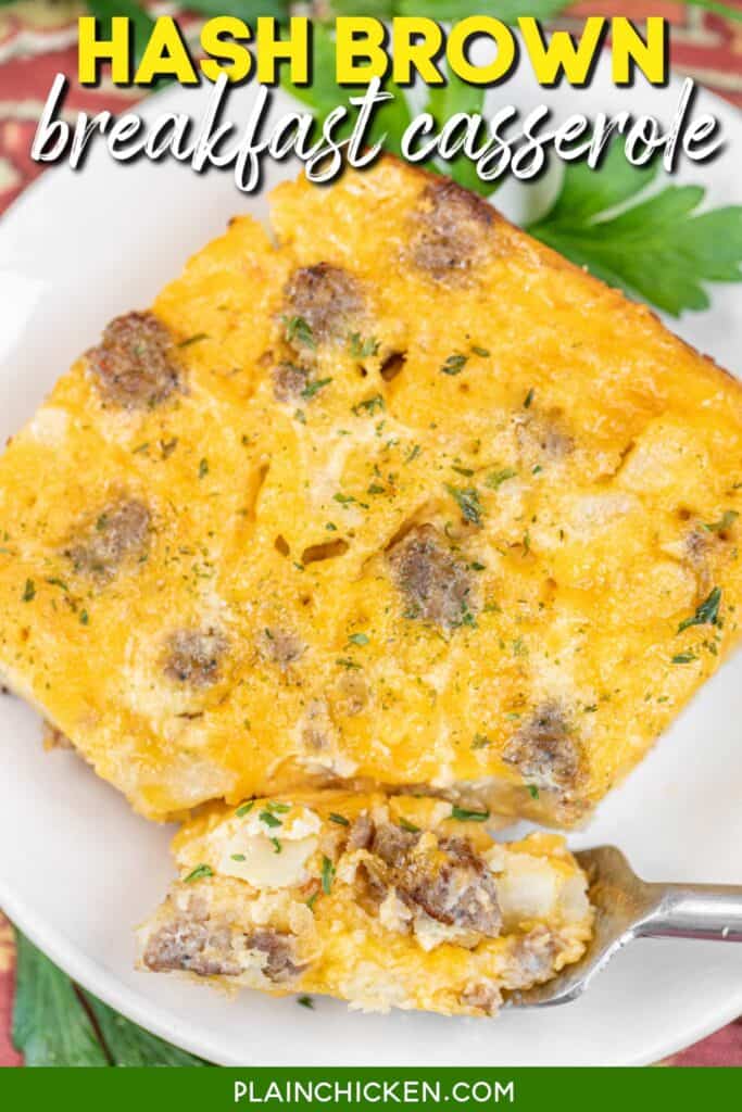 slice of breakfast casserole on a plate with a fork with text overlay