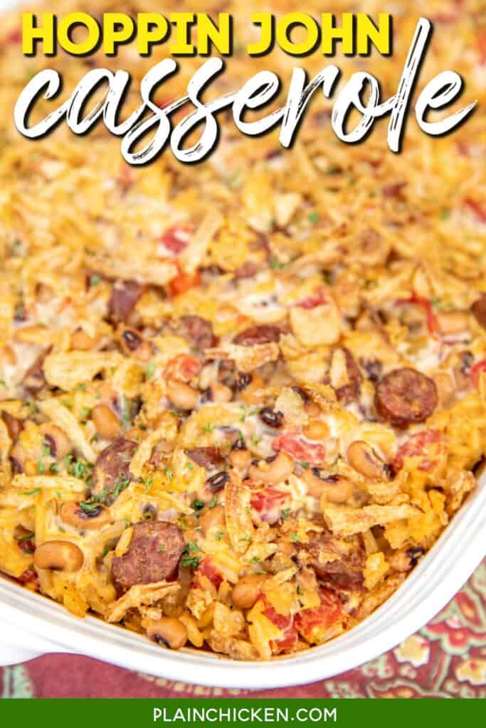 black eyed pea casserole in a baking dish with text overlay