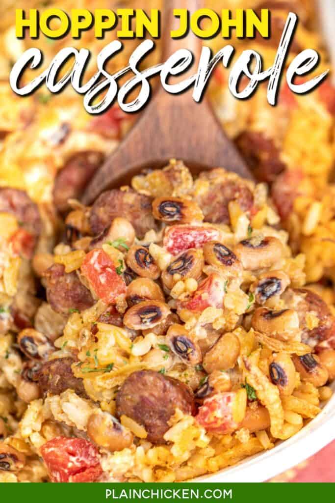 scooping hoppin john casserole from baking dish with text overlay