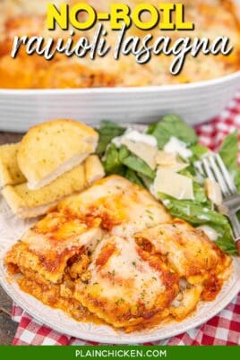 plate of baked ravioli pasta with text overlay