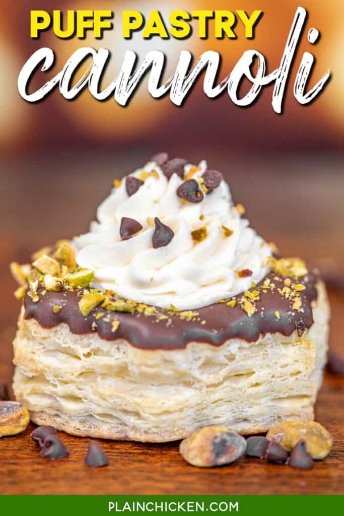 cannoli puff pastry shells on a platter with text overlay