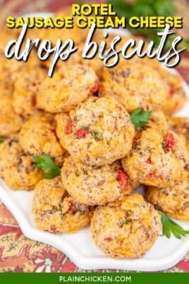 plate of sausage drop biscuits with text overlay