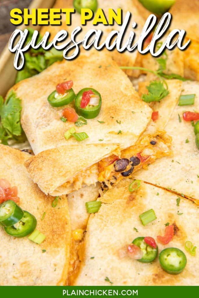 chicken quesadilla slice on baking sheet with text overlay