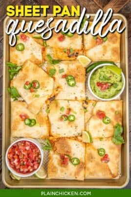 baking sheet of baked quesadillas with text overlay
