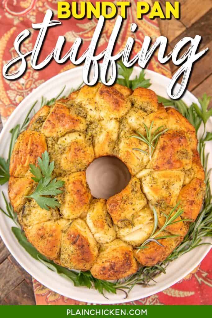 biscuit stuffing baked in a bundt pan with text overlay