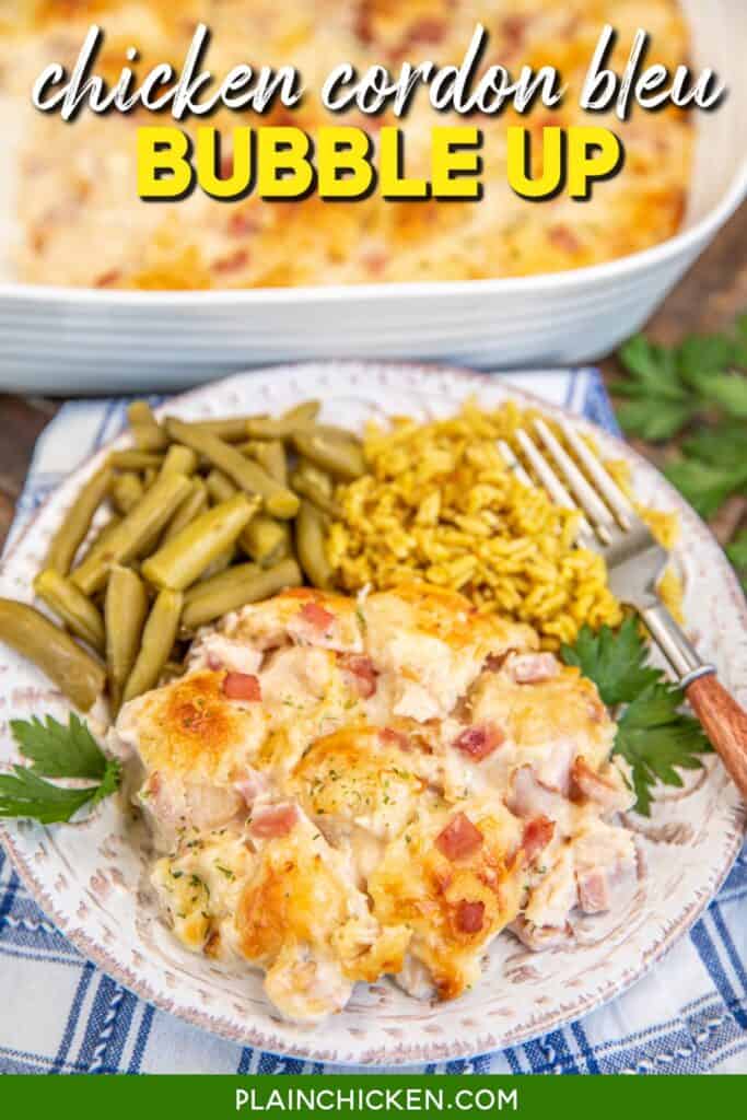 plate of chicken and ham biscuit bubble up casserole with text overlay