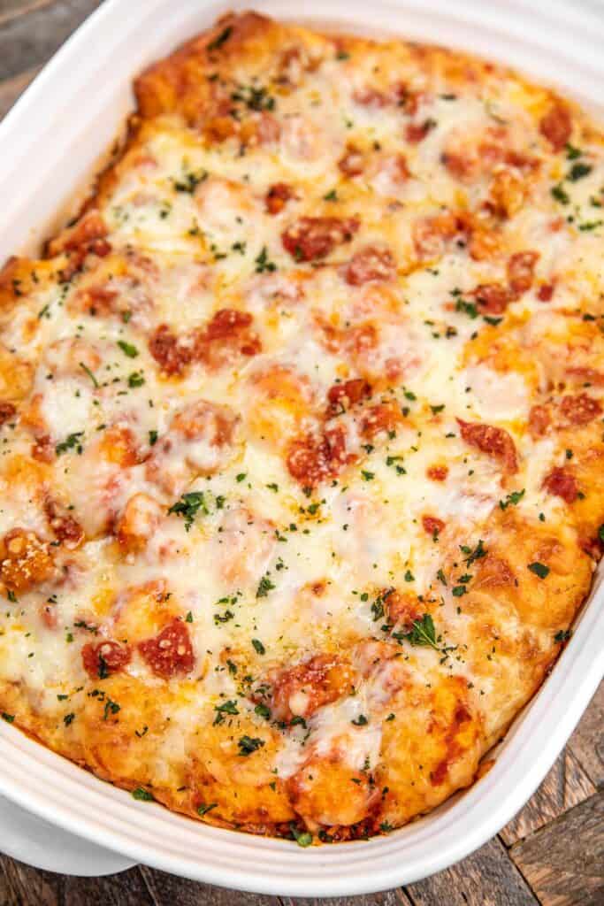 baking dish of chicken parmesan bubble up