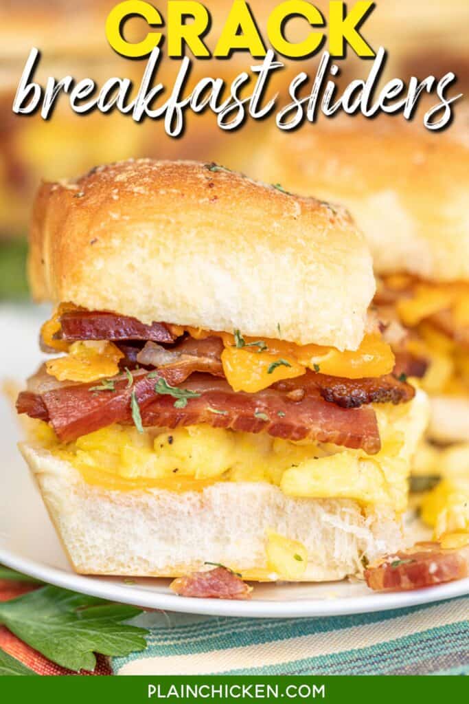 bacon egg and cheese sliders with text overlay