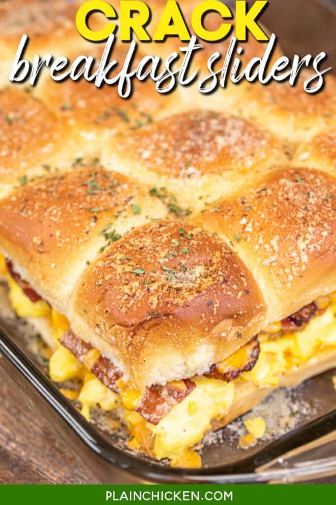 bacon egg and cheese sliders in a baking dish with text overlay