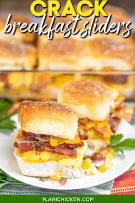 bacon egg and cheese sliders on a plate with text overlay