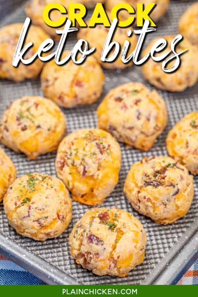 keto crack bites on a baking sheet with text overlay