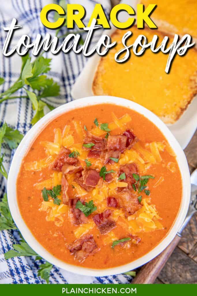 bowl of tomato soup topped with cheese and bacon with text overlay