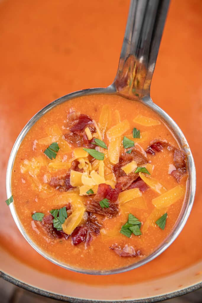 ladle of tomato soup with cheese and bacon