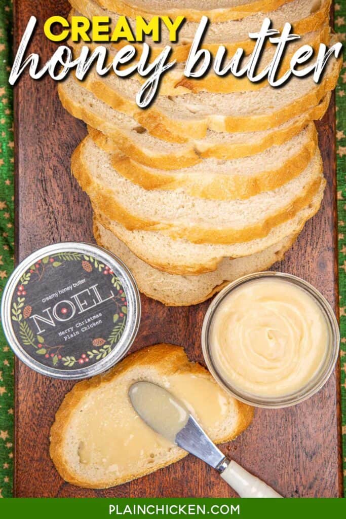 jars of honey butter and bread with text overlay