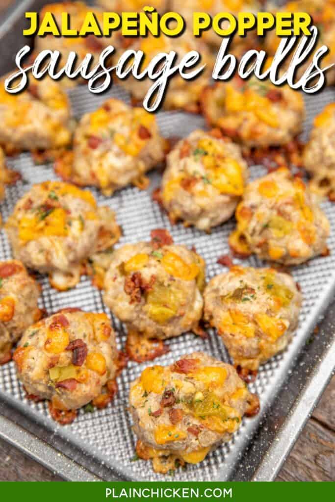 jalapeno popper sausage balls on a baking sheet with text overlay