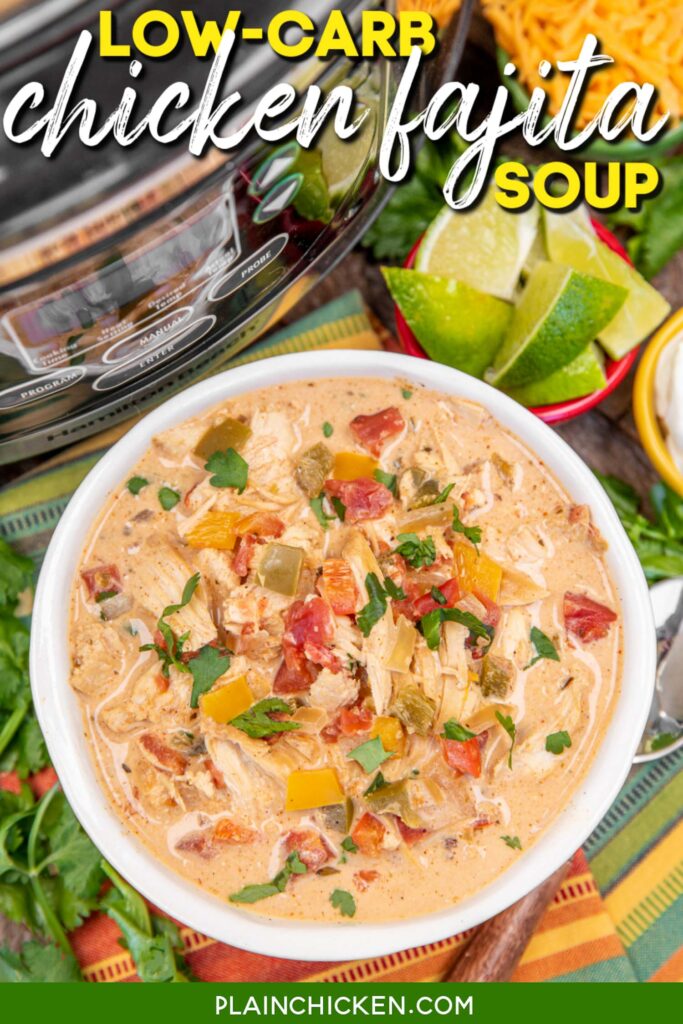 bowl of chicken fajita soup with text overlay