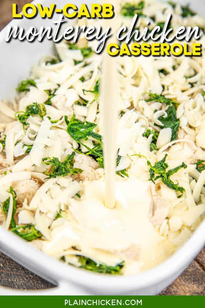 pouring egg mixture over chicken cheese and spinach with text overlay