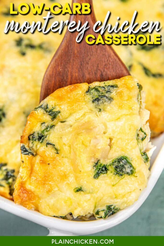 serving a slice of chicken and spinach casserole from baking dish with text overlay