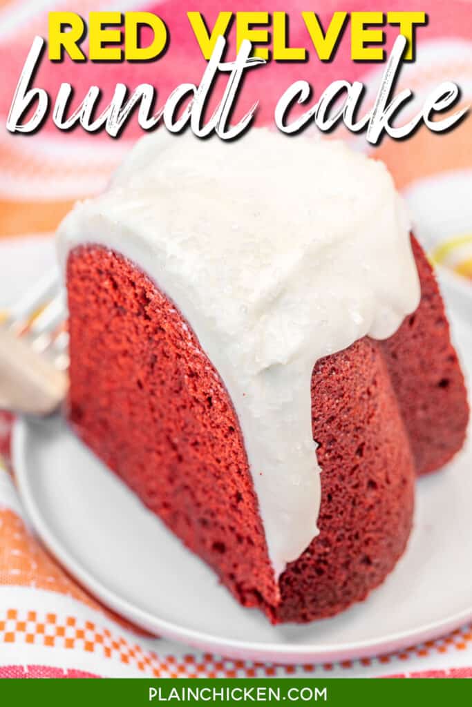slice of red velvet cake on a plate with text overlay
