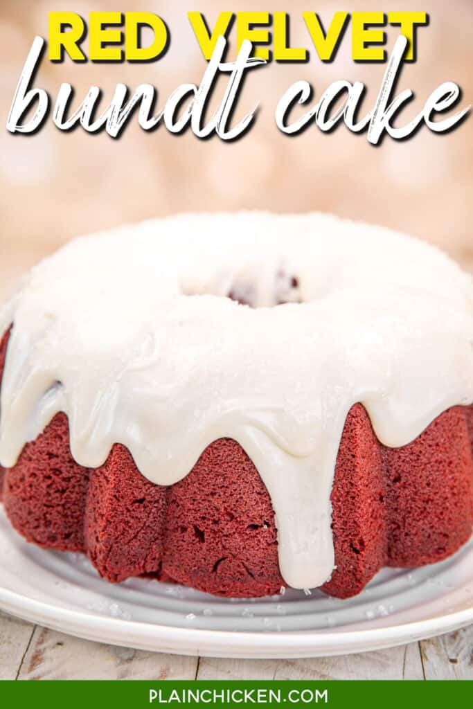 whole red velvet bundt cake topped with cream cheese frosting with text overlay