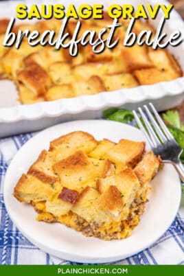 slice of sausage breakfast casserole on a plate with text overlay