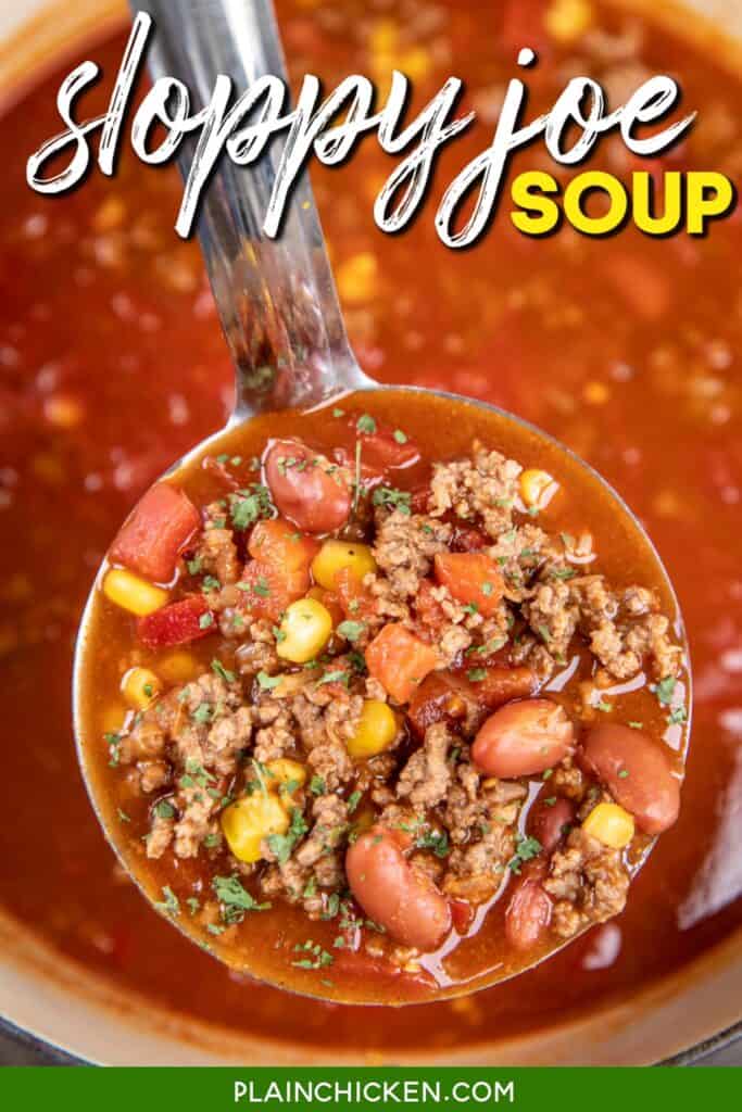 ladle of sloppy joe soup with text overlay