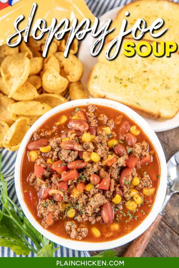 bowl of sloppy joe soup with text overlay