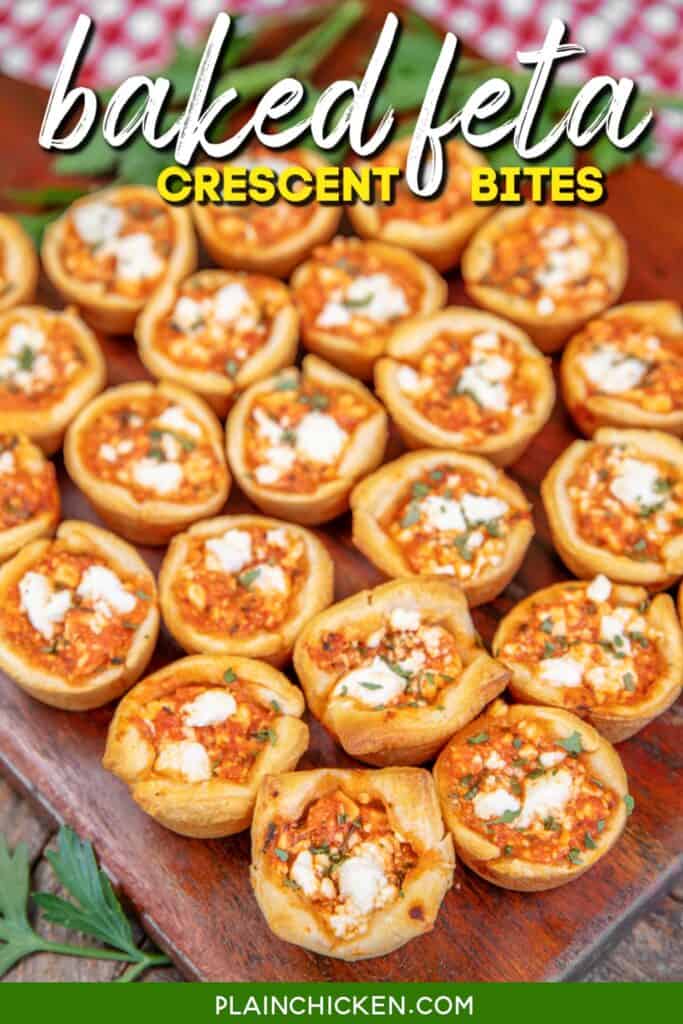baked feta bites on a platter with text overlay