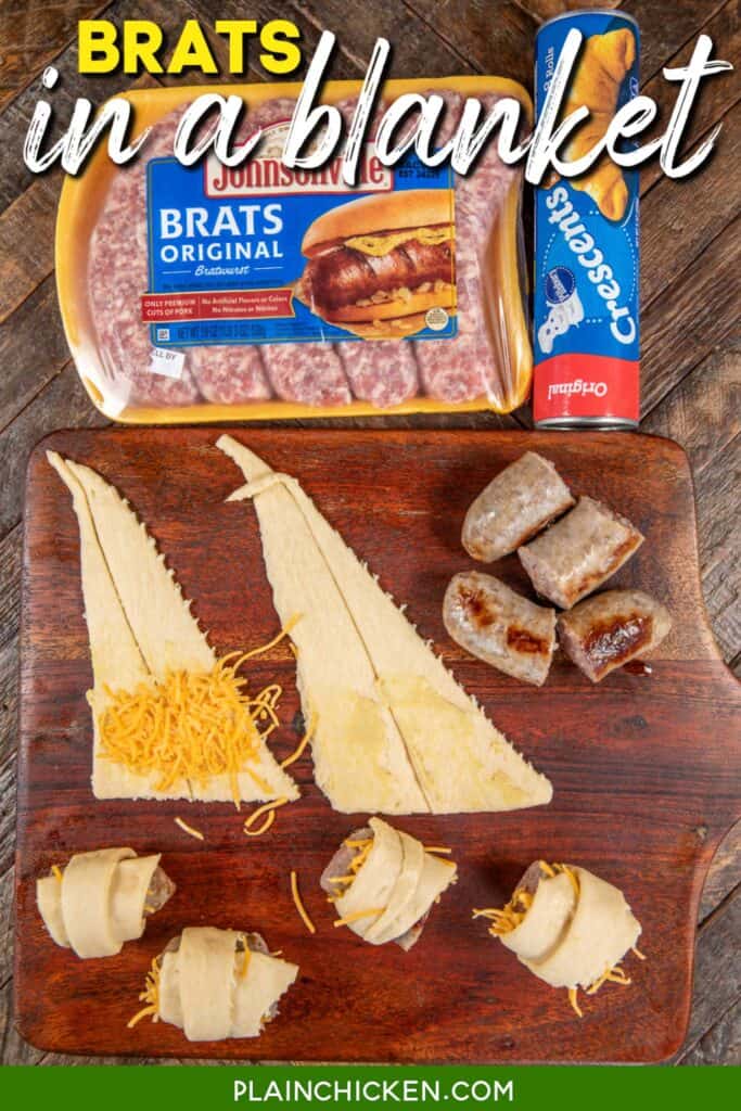 assembling brats in crescent rolls with text overlay