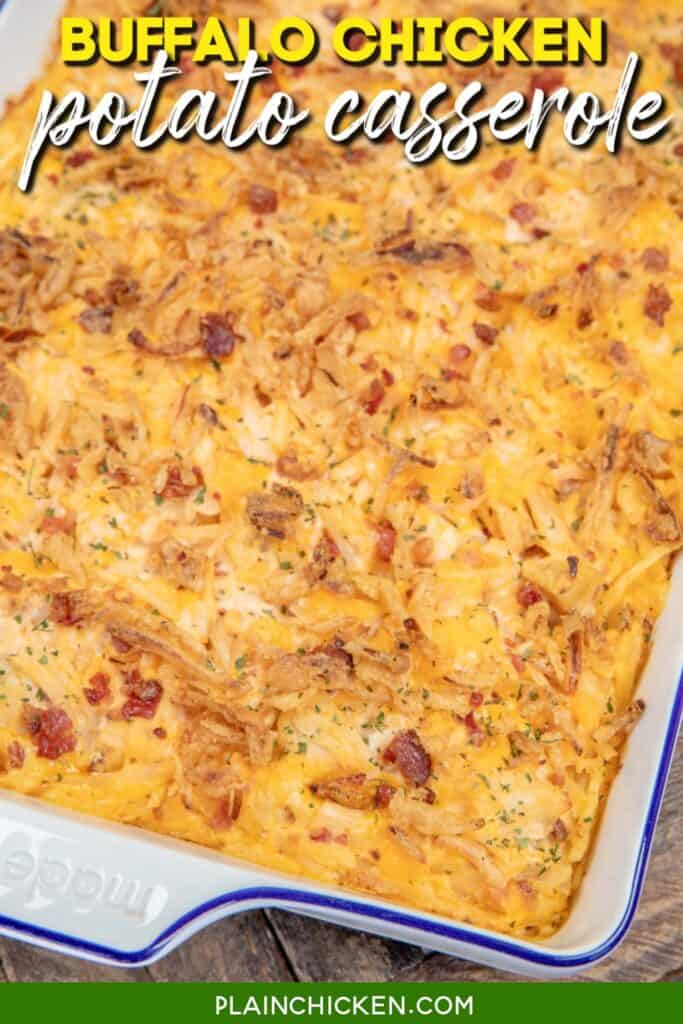 baking dish of chicken potato casserole with text overlay