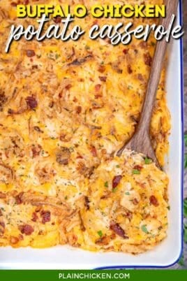scooping crack buffalo chicken potato casserole from baking dish with text overlay
