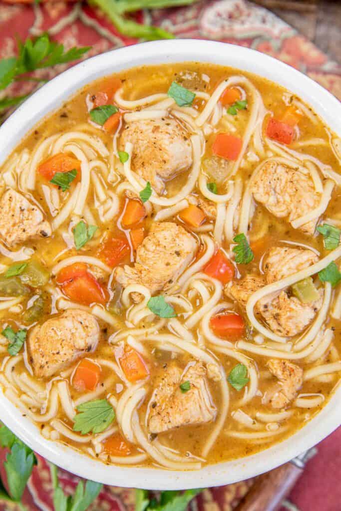 bowl of cajun chicken noodle soup