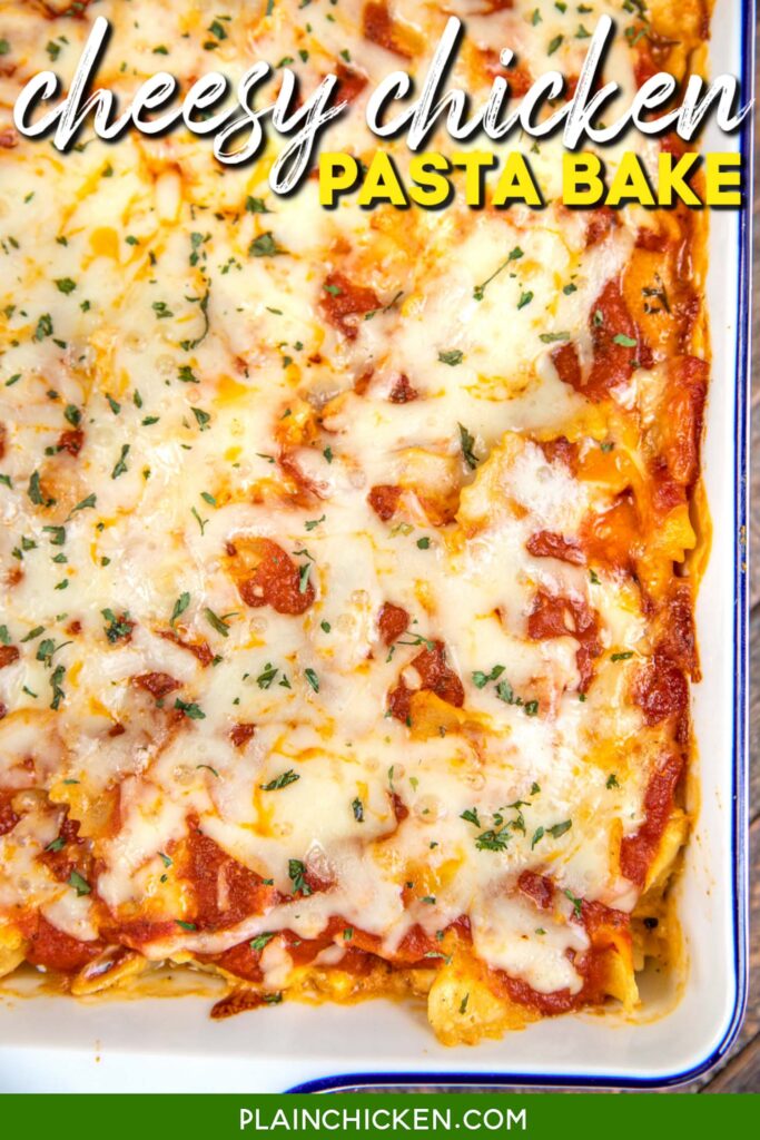 baking dish of chicken pasta with text ovelray