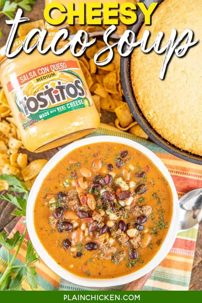 bowl of cheesy taco soup with text overlay