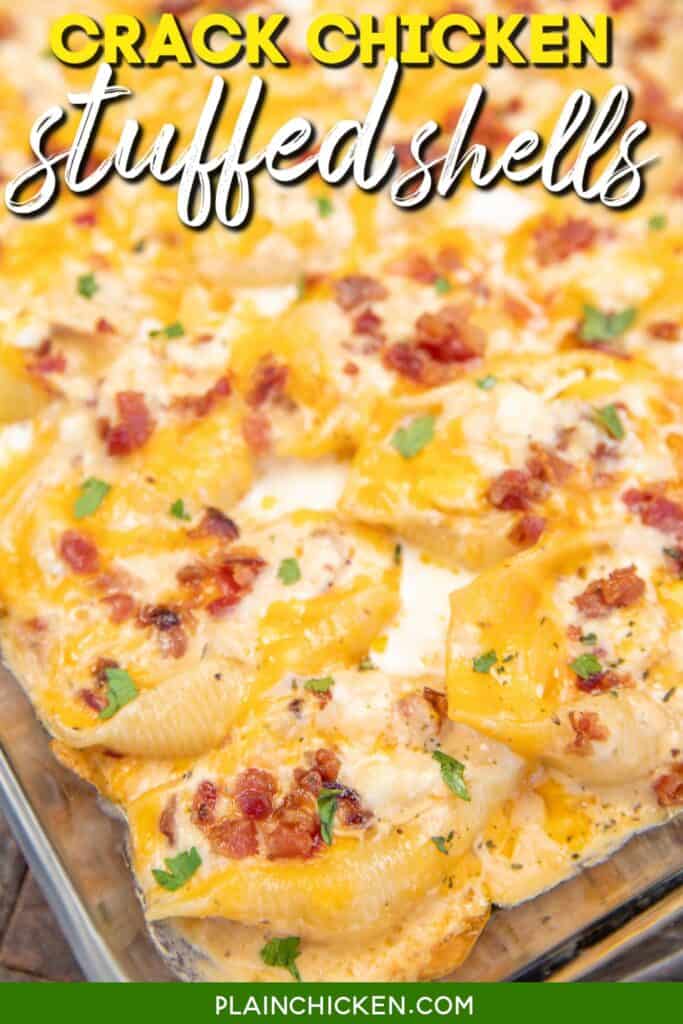 chicken stuffed shells in a baking dish with text overlay