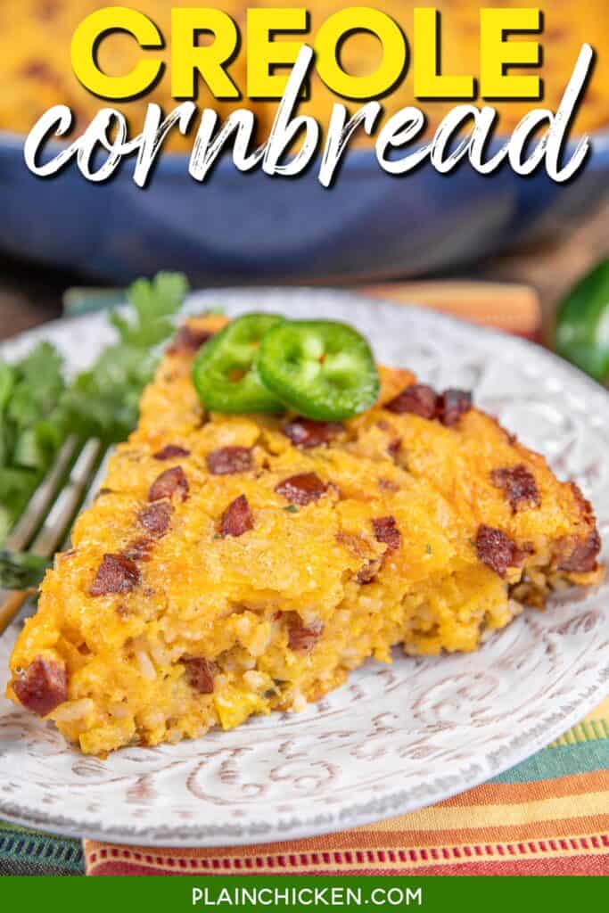 slice of cornbread on a plate with text overlay
