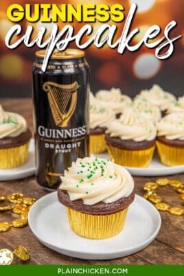 cupcake on a plate with a can of guinness beer behind it with text overlay