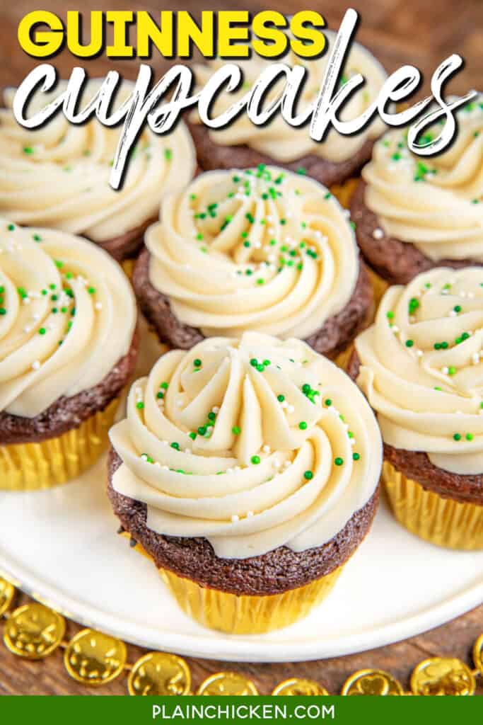 plate of frosted cupcakes with text overlay